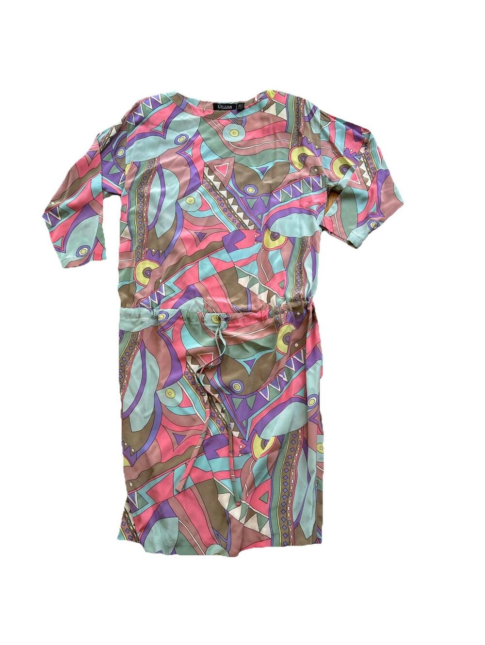 GILLIAN Abstract Geometric Colorful Silk Atomic Mod Artsy Statement Dress Sz 12